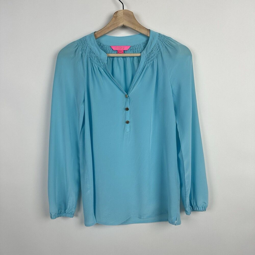Lilly Pulitzer Elsa Top Women XXS 100% Silk Blue Gold Buttons Long Sleeve Blouse